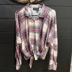 Daytrip Burgundy Red and Cream Plaid Tie-Front Shirt
